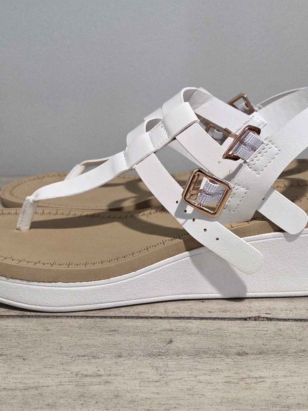 Journee White Strappy Wedge Sandals with Rose Gold Buckles Worn Once